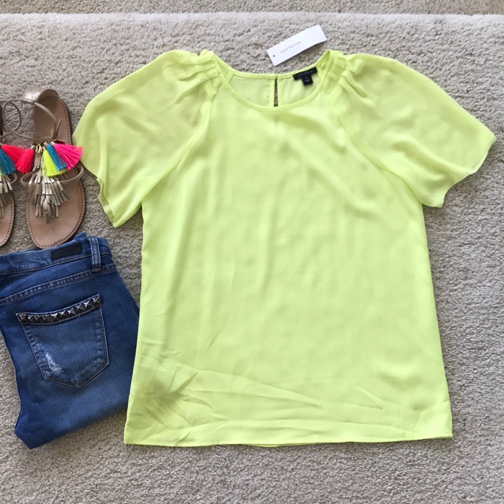 Ann Taylor Chartreuse Flutter Sleeve Top